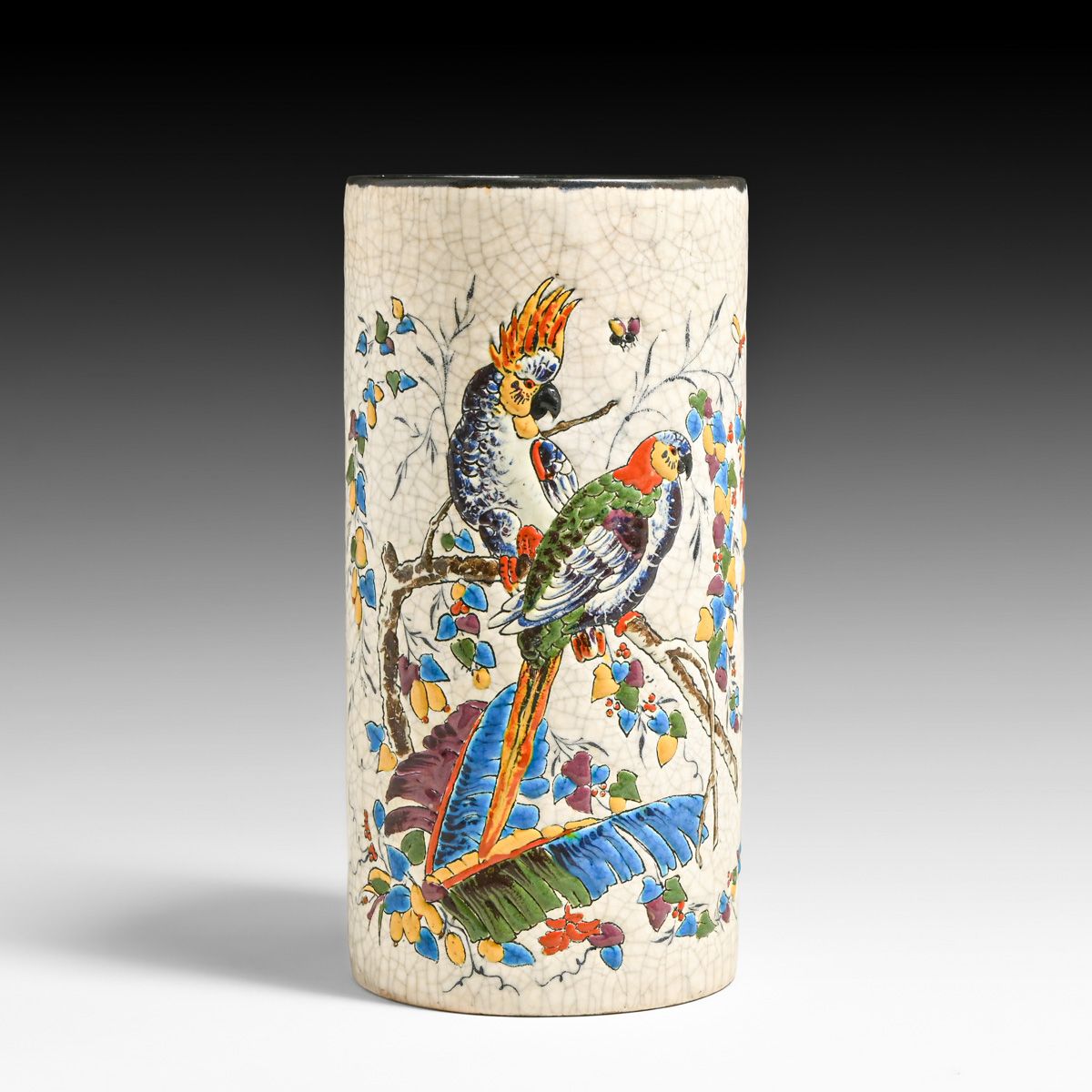 Longwy French Stylized Parrot Cylindrical Vase c1890s
