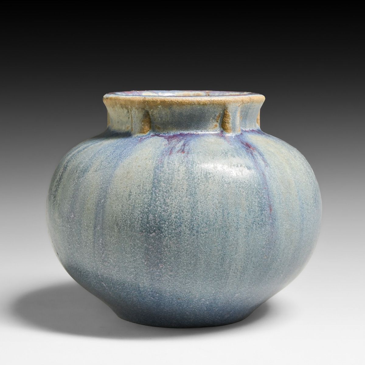 Fulper Pottery Vasekraft Spherical Ribbed Blue of the Sky over Violet Wistaria Flambé Vase  c1910s.