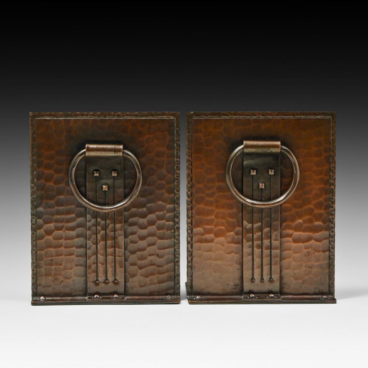 Roycroft Hammered Copper Loop-Handle Bookends c1920s