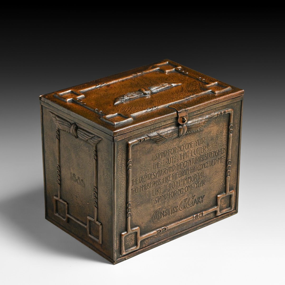 Anstiss Curtiss Gary (Born 1860) Hammered Copper Egyptian Motif Perpetual Calendar Desk Cabinet c1900s