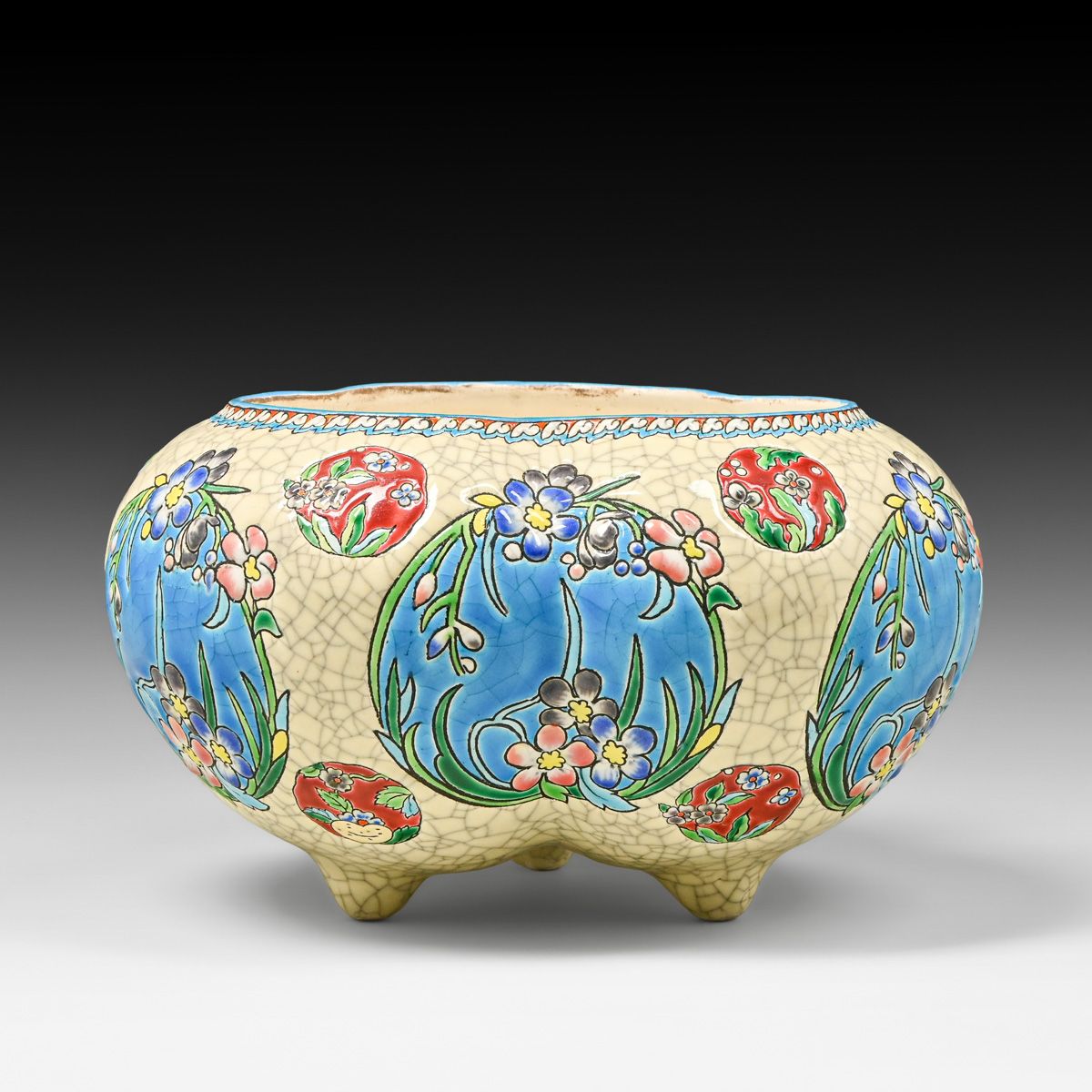 Émaux de Longwy Faience Planter Enameled Ceramic Trilobe Jardiniere c1890s