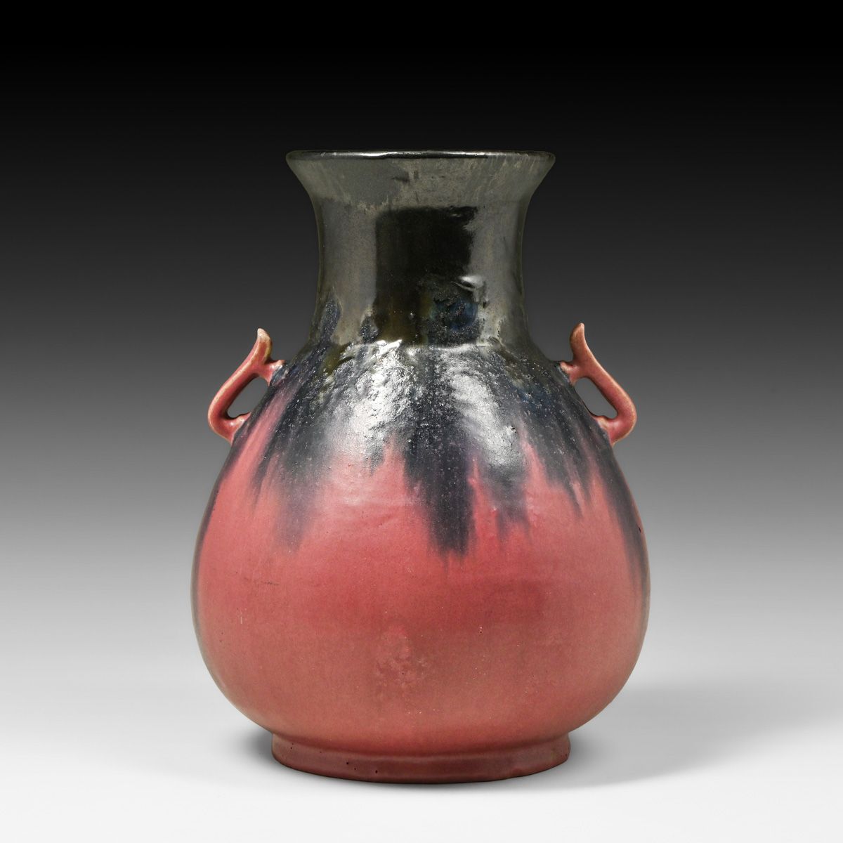 Fulper Pottery Two-Handled Mirror Black & Flambe Famile Rose Amphora Vase c1912-1915