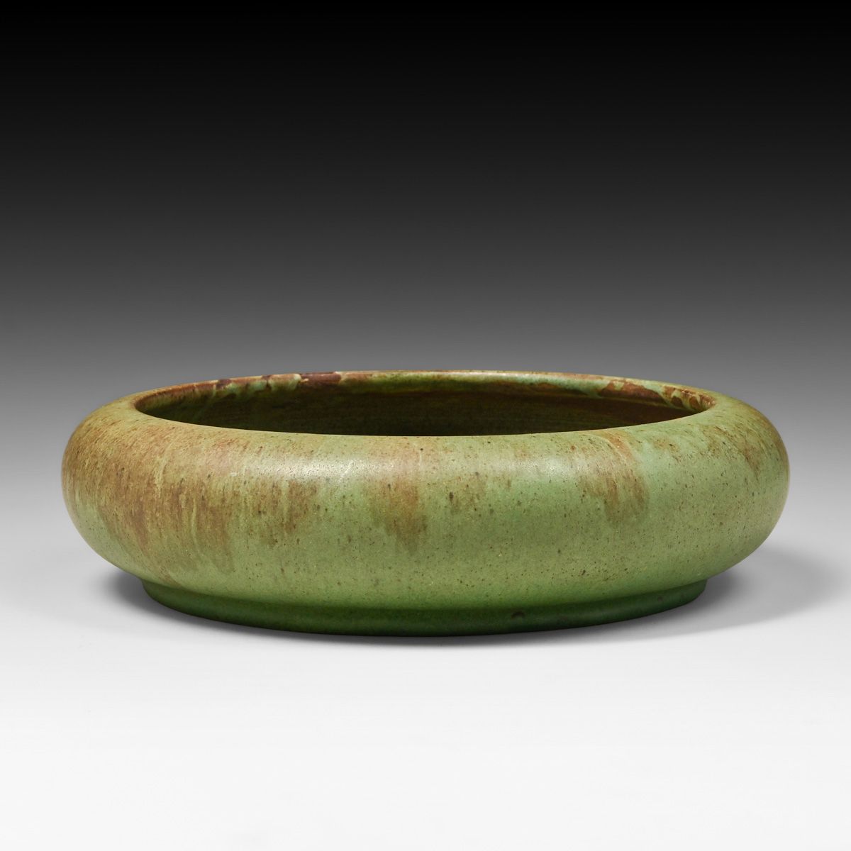 William J Walley Pottery Mottled Green & Brown Camelia Bowl c1910