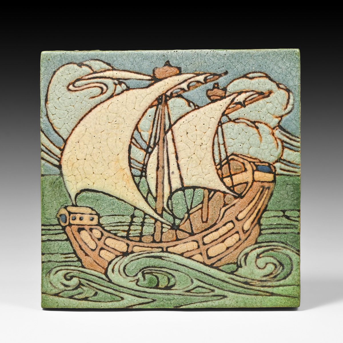 Large Grueby Faience Seven-Color Galleon Ship Tile c1905