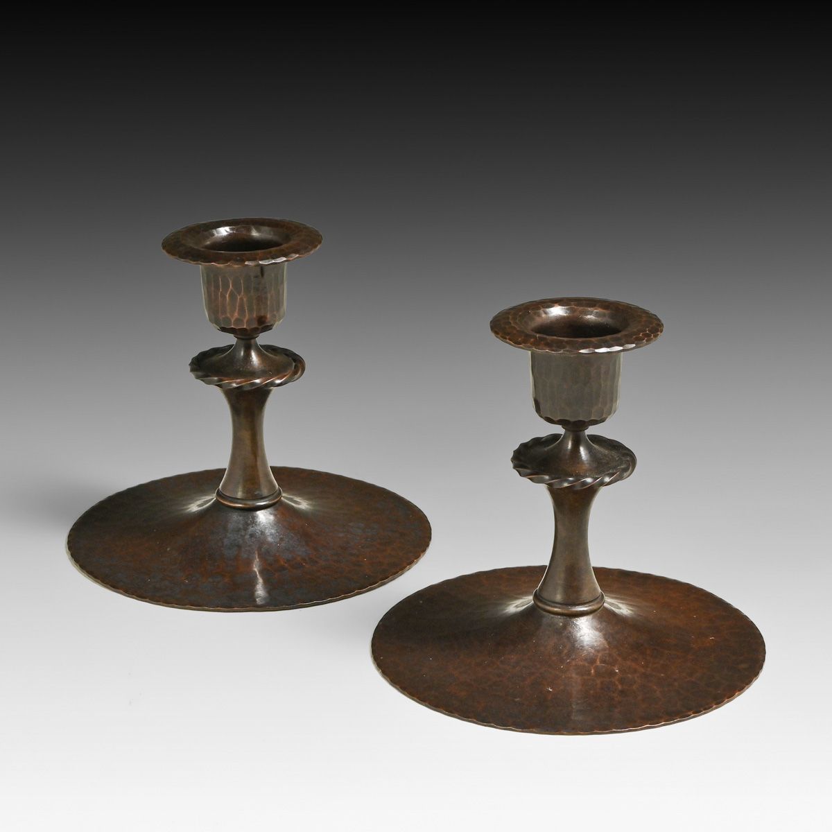 Roycroft Paid Hammered Coper Candlesticks c1920s