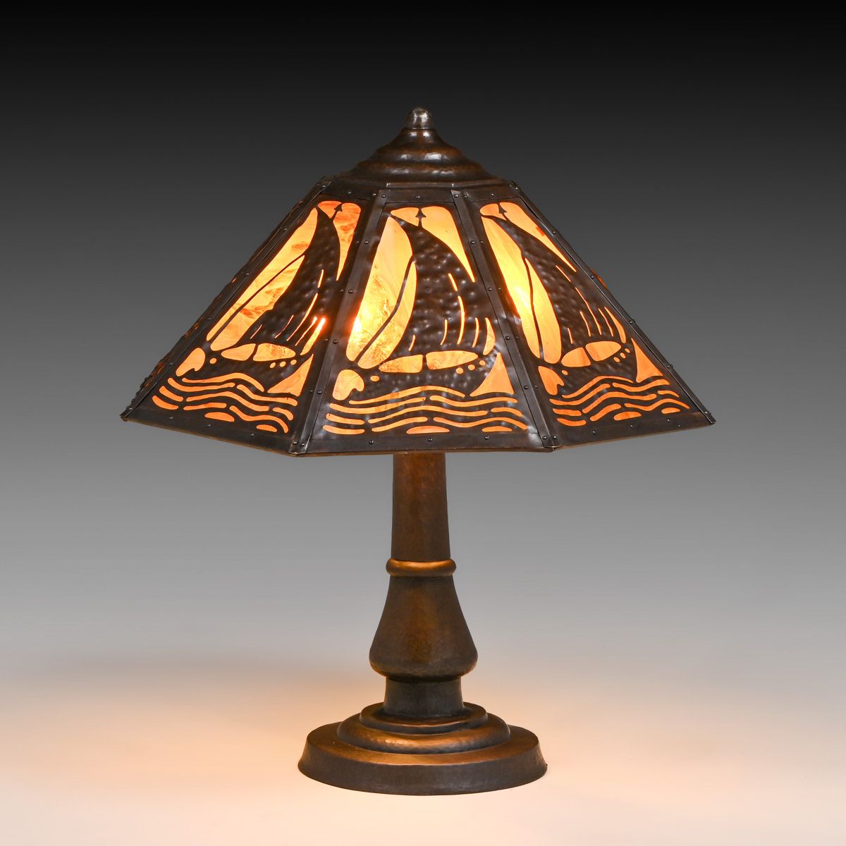 Limbert #472 Hammered Copper & Cutout Slag Glass Dutch Sailboat Lamp c1910