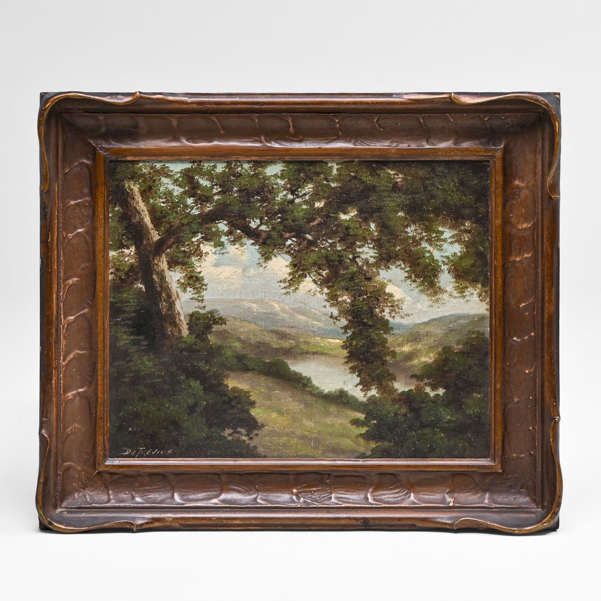 Richard de Treville (1864-1929) Northern California Tonalist Painting: Marin County Oak Tree & Lake c1900s