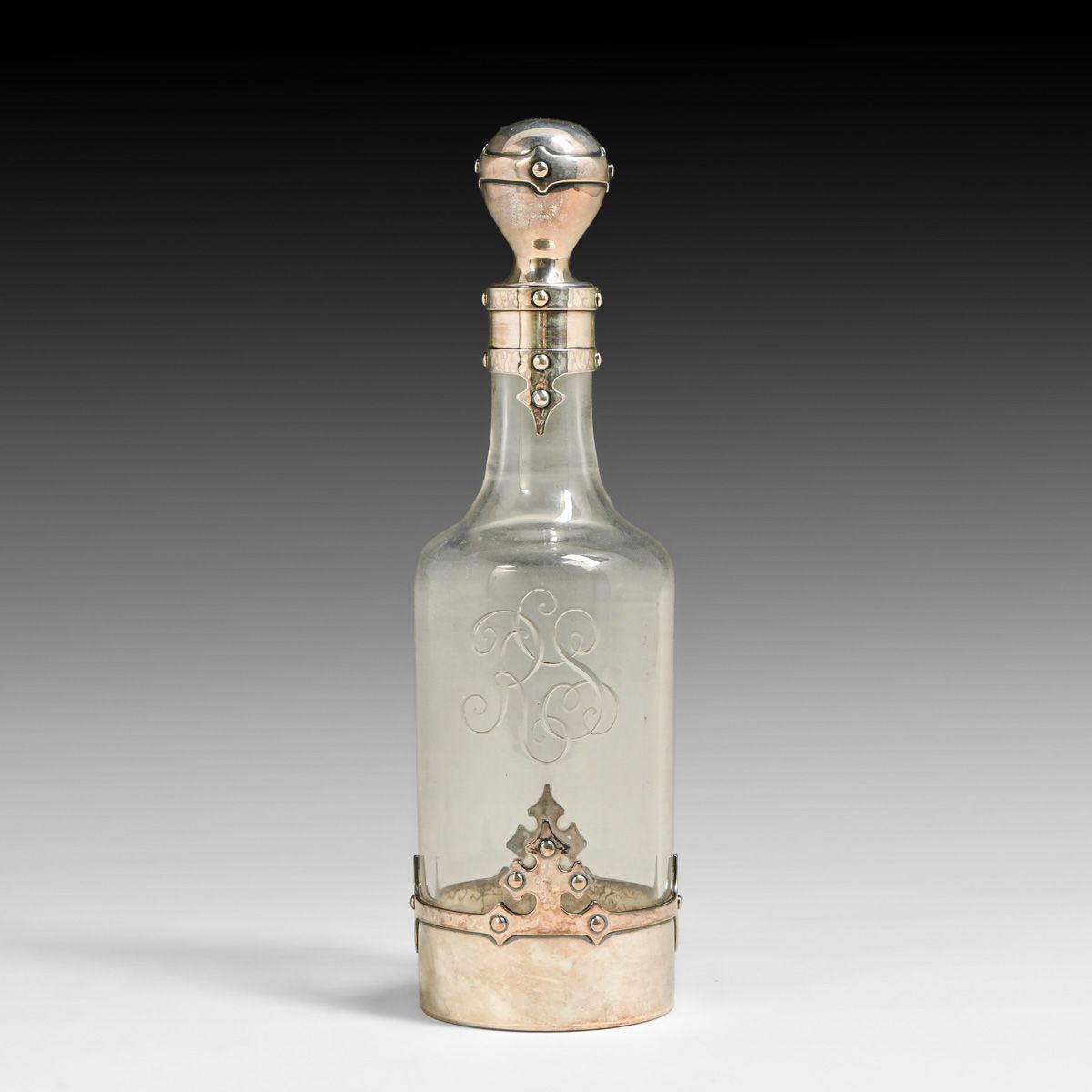 Shreve & Co Arts & Crafts Riveted Sterling Silver & Glass Decanter c1910s