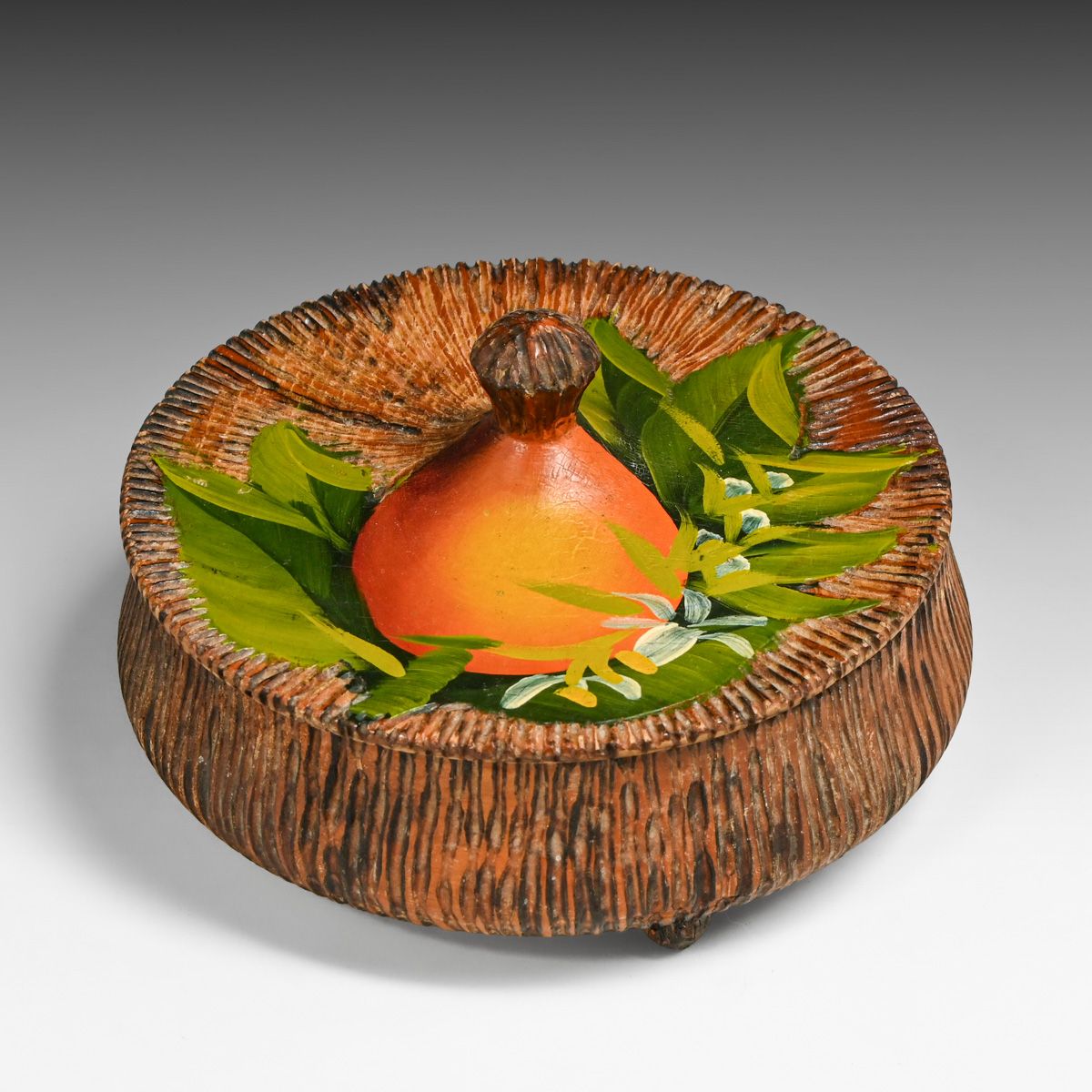 Arts & Crafts Pyrography Catalina Island Folk Art Hand-Painted Citrus Souvenir Lidded Box c1920s