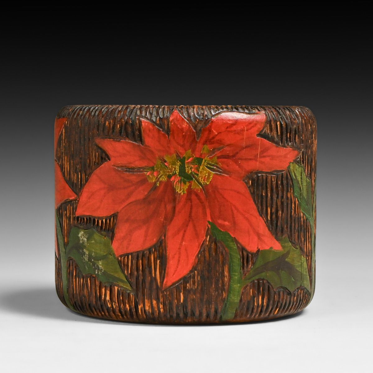Arts & Crafts Pyrography Folk Art Hand-Painted Poinsettia Vase c1910s