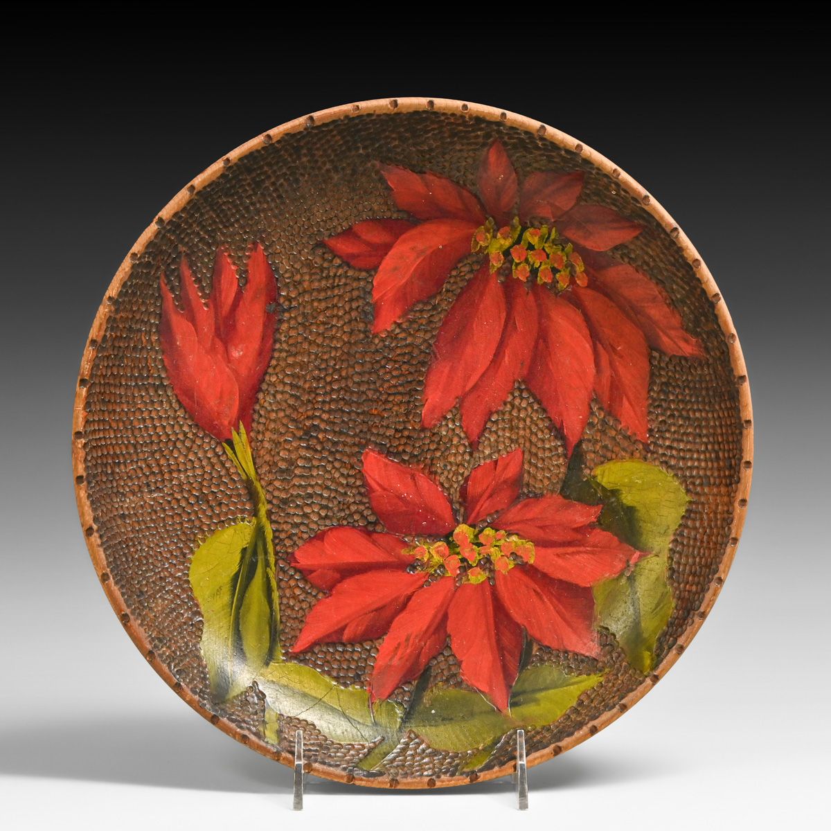 Arts & Crafts Pyrography Folk Art Hand-Painted Poinsettia Bowl c1910s