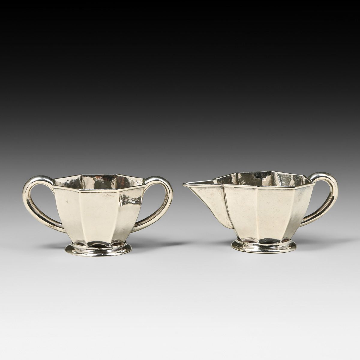 Early Kalo Shop Arts & Crafts Sterling Silver Octagonal Creamer and Sugar Set c1908–1911