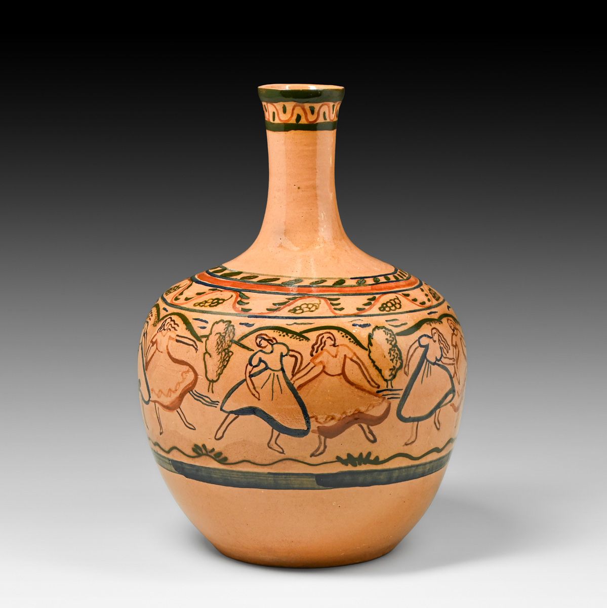 Rare Minnesota WPA Art Project Painted Pottery Vase with Dancing Figures c1935–1943