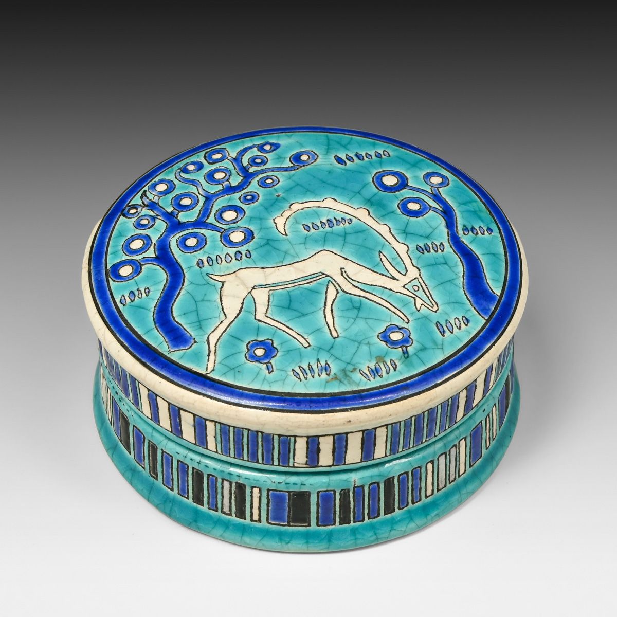 Longwy Art Deco Crackleware Gazelle Box c1925–1930