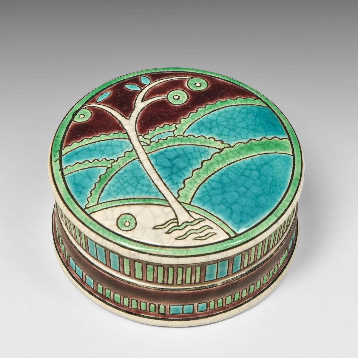 Longwy Art Deco Crackleware Landscape Powder Box c1925–1930