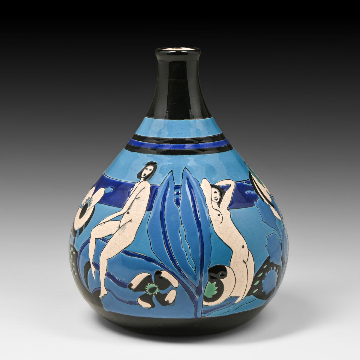 Longwy Art Deco Crackleware Nudes Vase c1925–1930