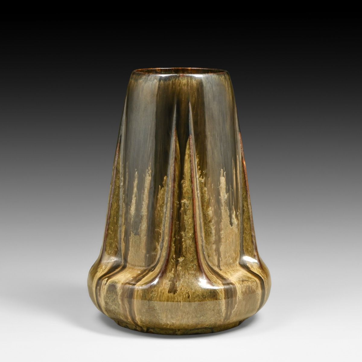 Large Fulper Pottery Mirror Black & Caramel Flambe Buttress Vase c1910s