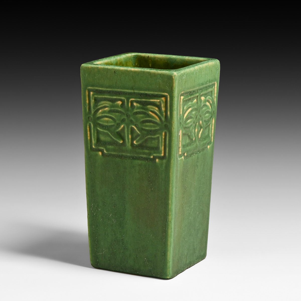Minneapolis Handicraft Guild Hand-Carved Matte Green Square Vase 1904-1918