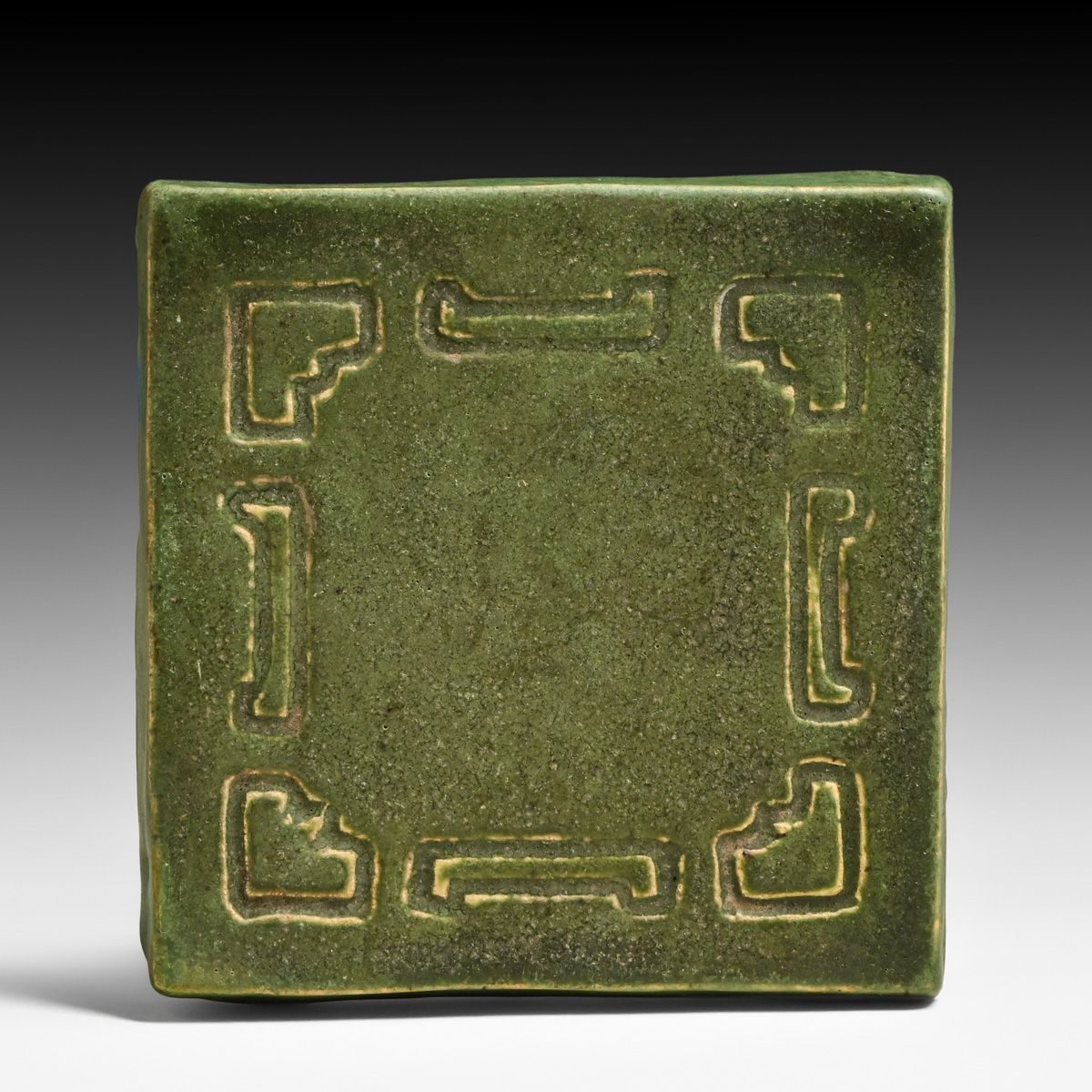 Minneapolis Handicraft Guild Hand-Carved Matte Green Tile 1904-1918
