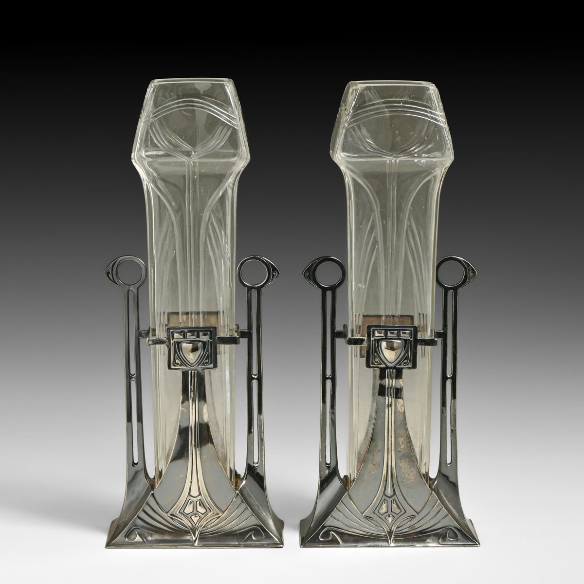 WMF - German Jugendstil Pair Silver-Plated & Cut Glass Vases c1905