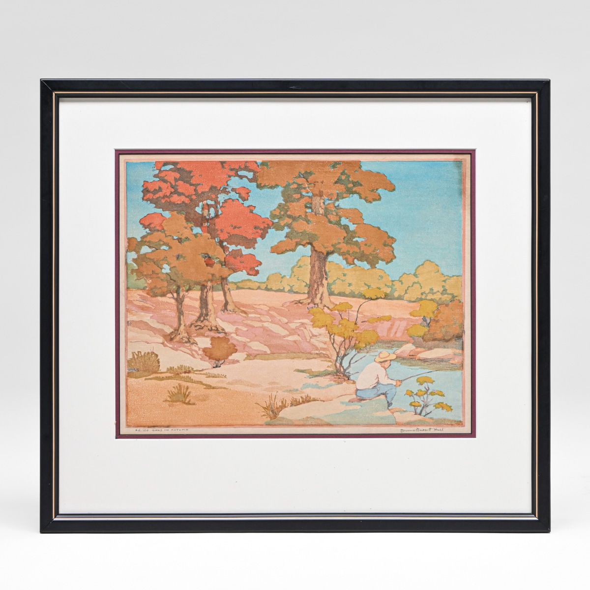 Norma Bassett Hall (1888-1957) Prairie School Color Woodcut "Oaks in Autumn" 1930