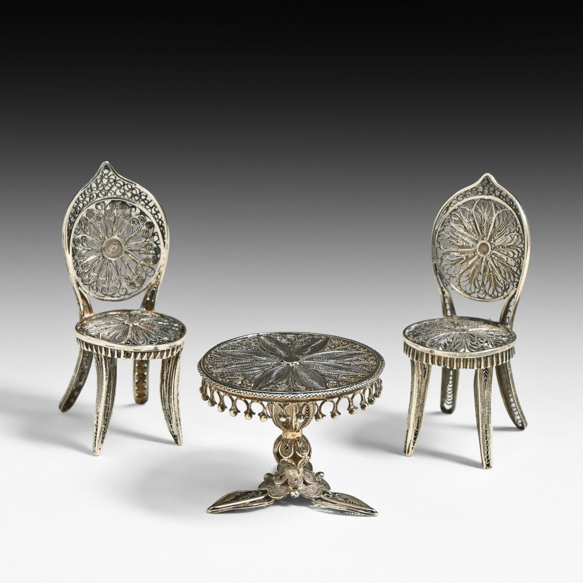 Late Victorian Aesthetic Movement Silver Filigree Miniature Parlor Suite c1890s