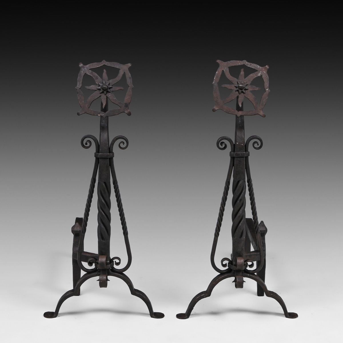 Arts & Crafts Period Hand-Forged Iron Andirons c1910
