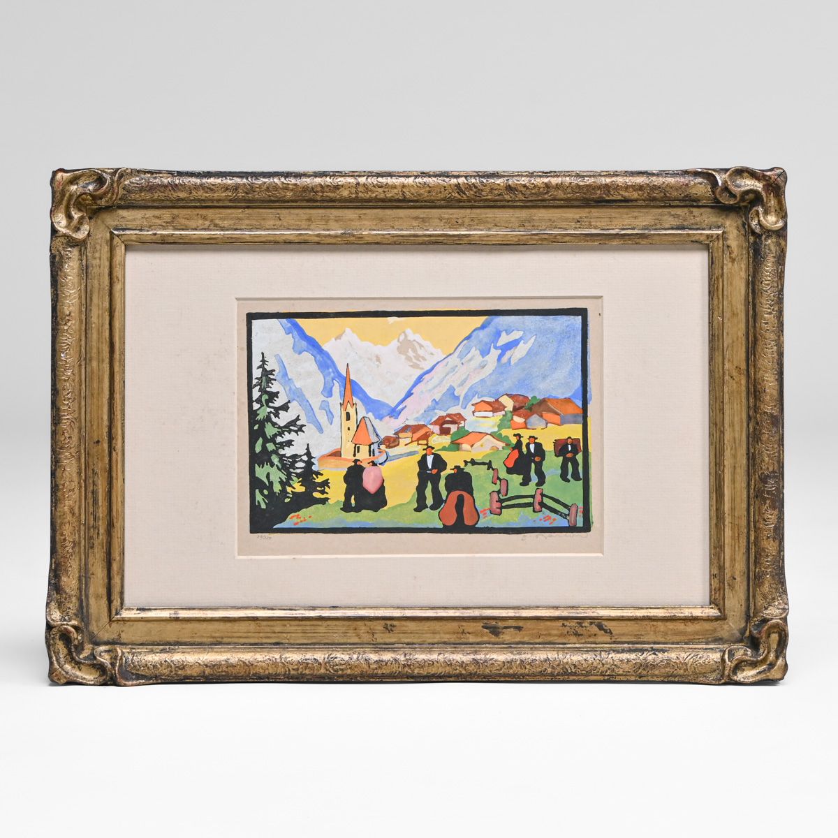Josef Stoitzner (Austrian, 1884-1951) Color Woodcut: Heiligenblut am Grossglockner 1920s