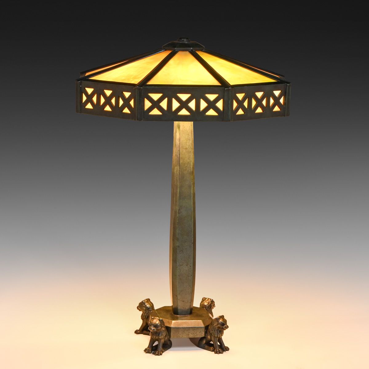 Wilkinson Co. "Guardian Lion" #501 Bronze Patinated Slag Glass Lamp c1910