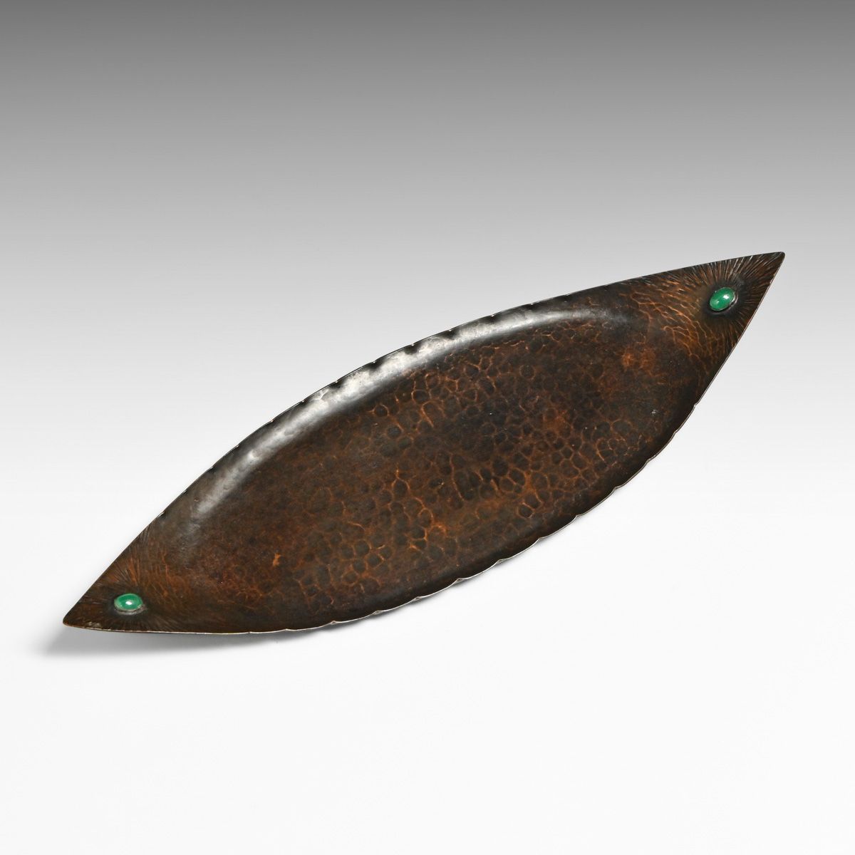 Arts & Crafts Hammered Copper & Chrysoprase Cabochon Tray c1910s
