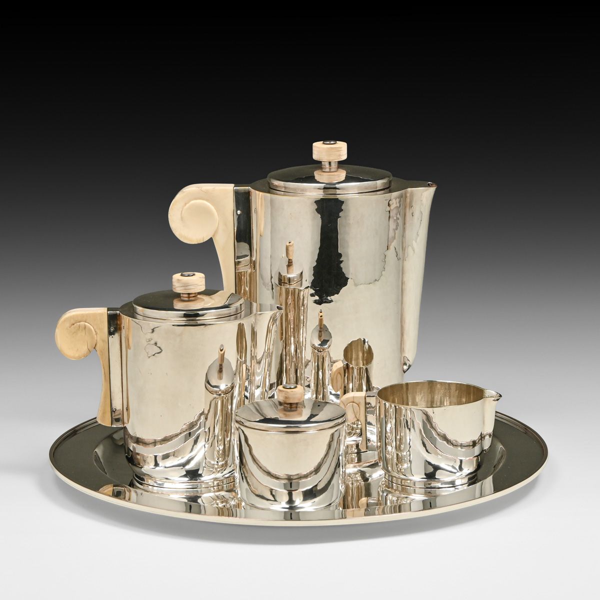 Dirk van Erp Art Deco Mid Century Hand Hammered Silverplate Coffee and Tea Service c1950s