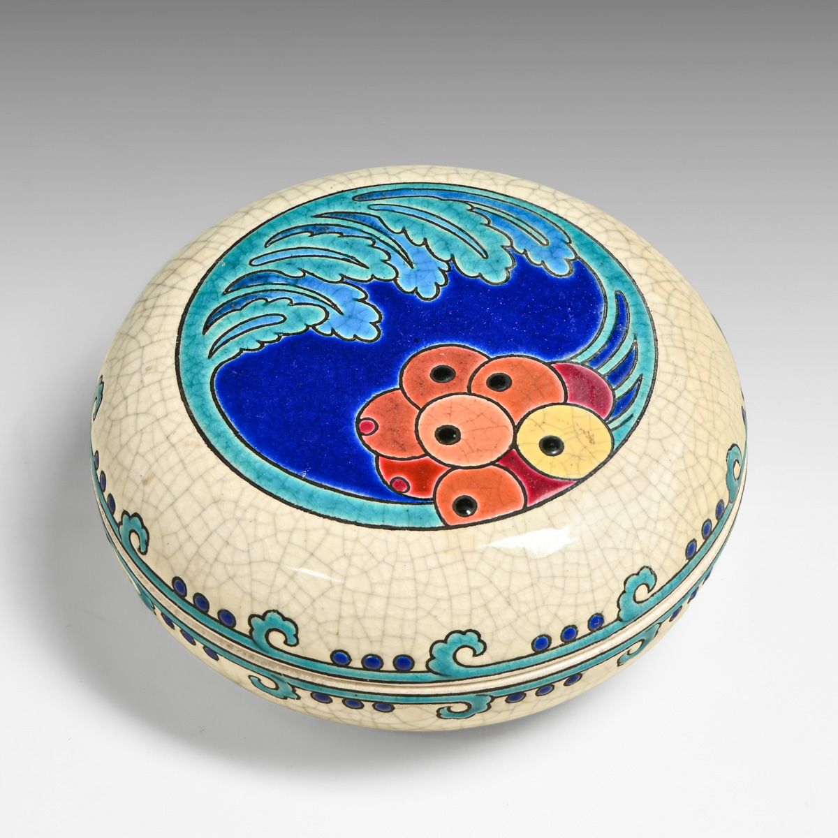 Longwy French Art Deco Enameled Faience Lidded Box c1920s