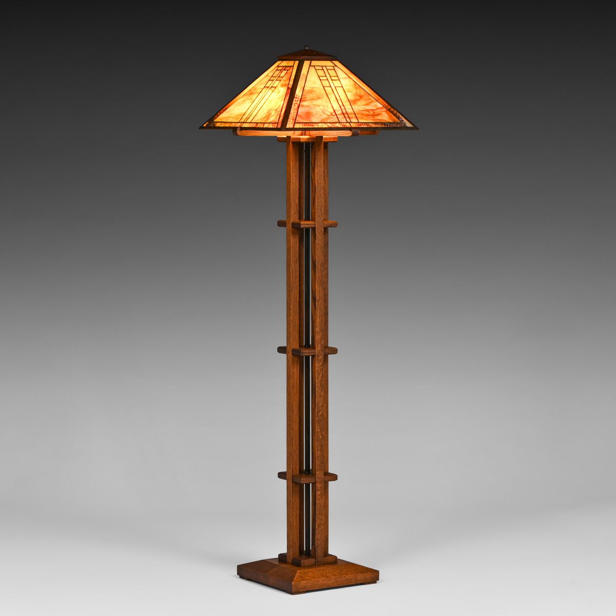 Contemporary Michael Adams Oak & Leaded Glass Floor Lamp c1990s