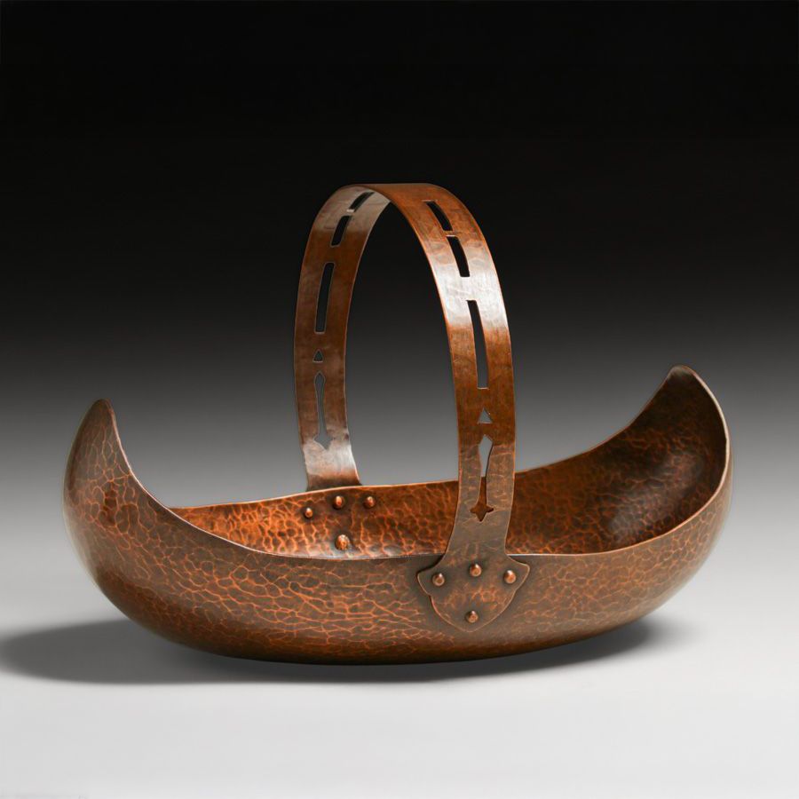 Dirk van Erp Hammered Copper Cutout One-Handled Flower Basket c1915-1920