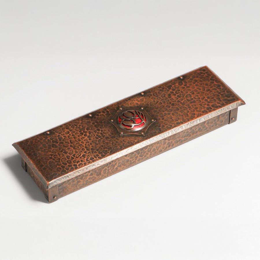 English Arts & Crafts Hammered Copper & Enamel Box c1900s