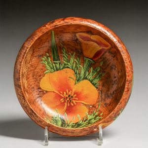 California Arts & Crafts Hand-Carved & Painted Poppy Bowl c1910