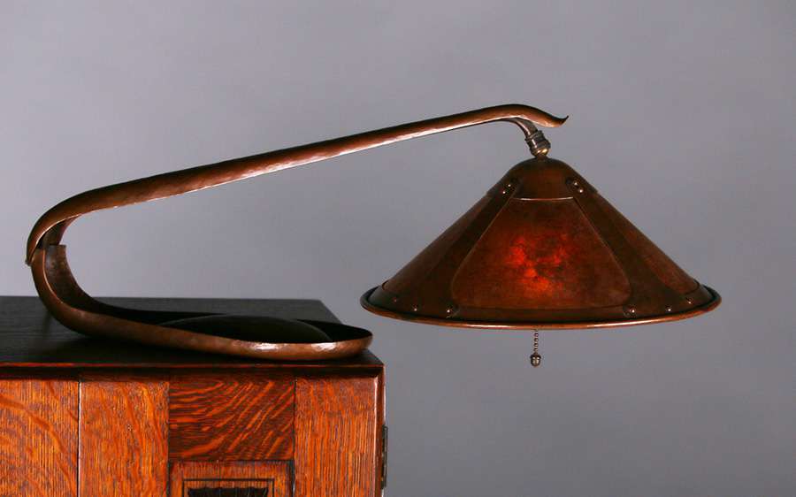 Extremely rare Dirk van Erp hammered copper &amp; mica cobra lamp c1909