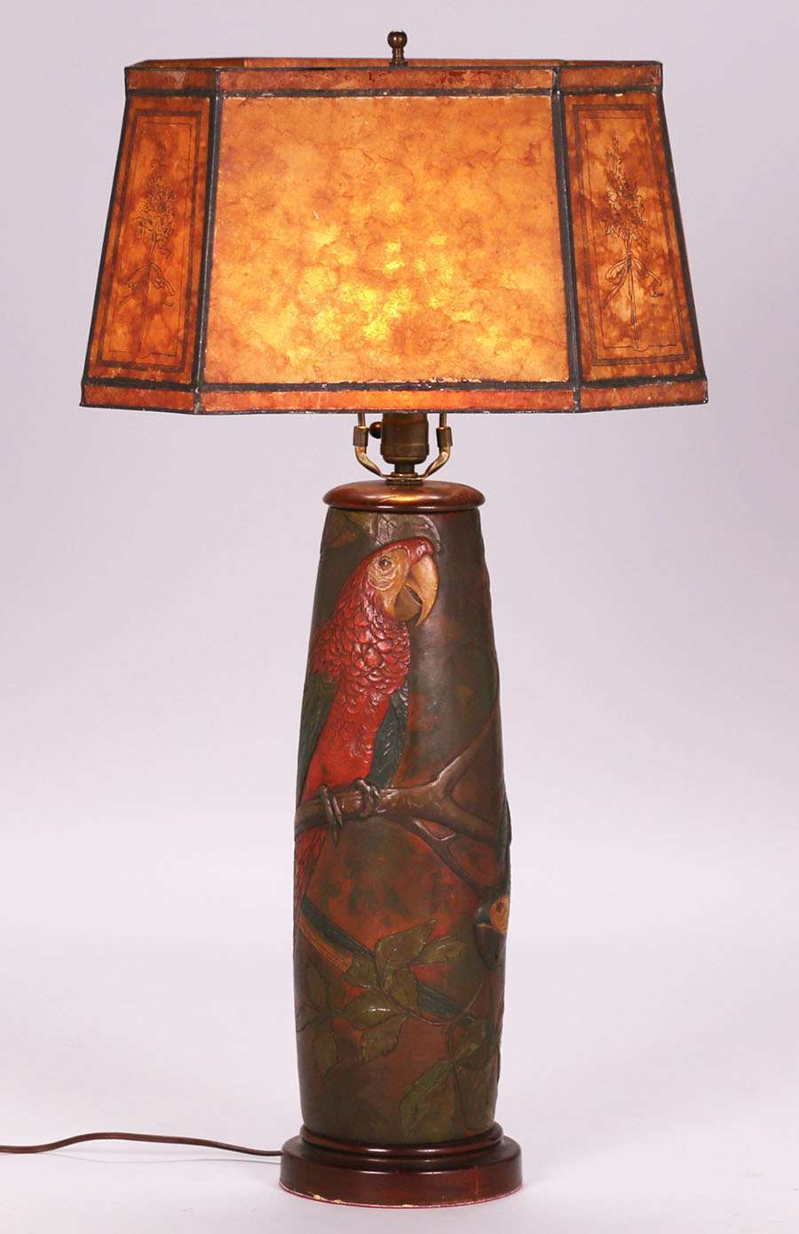 Arts & Crafts Hand-Tooled Leather Parrot Lamp c1920s | California