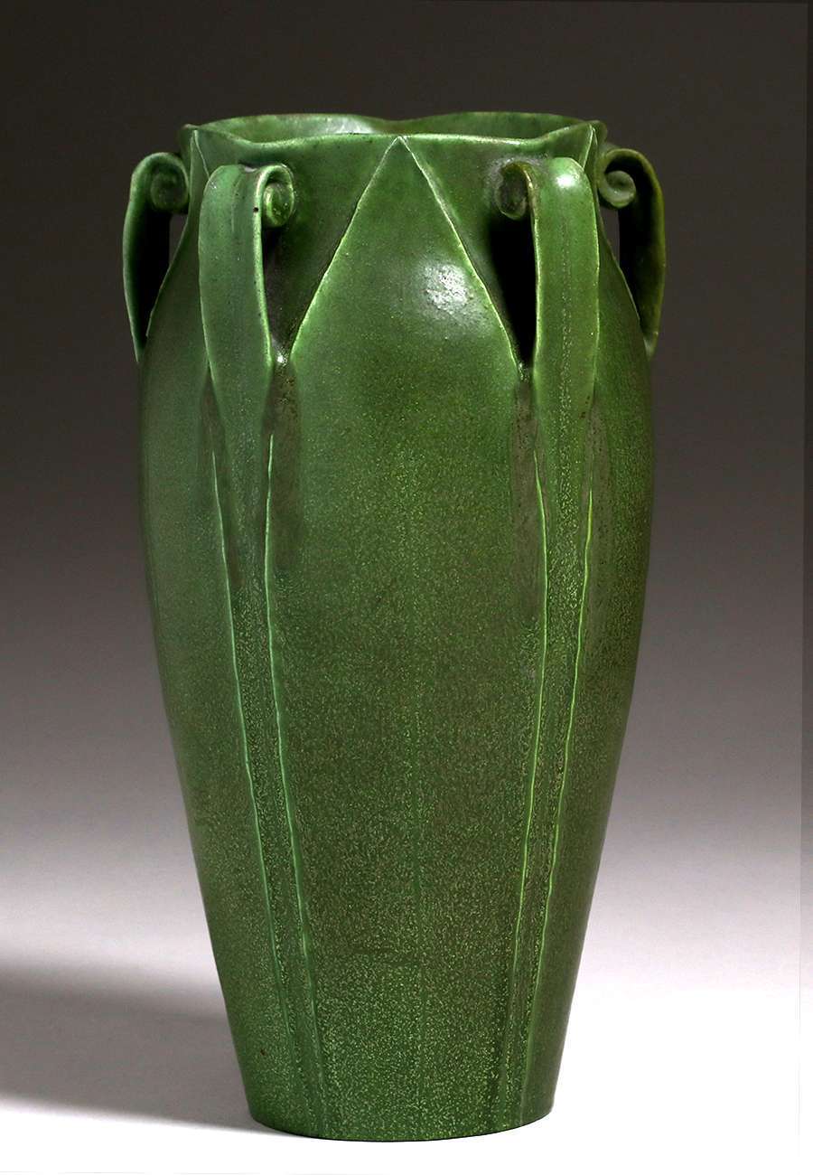 California Historical Design | Grueby Pottery Matte Green Five-Handle Vase