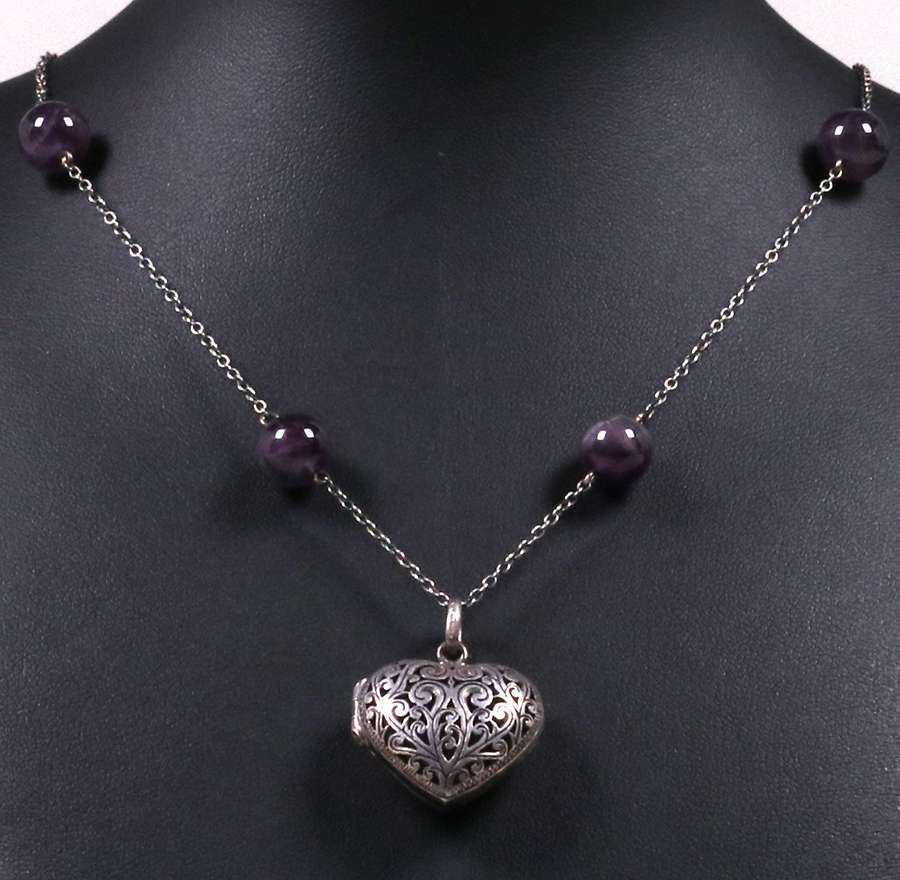 Sterling Silver Heart-Shaped Locket Pendant Amethyst Necklace ...