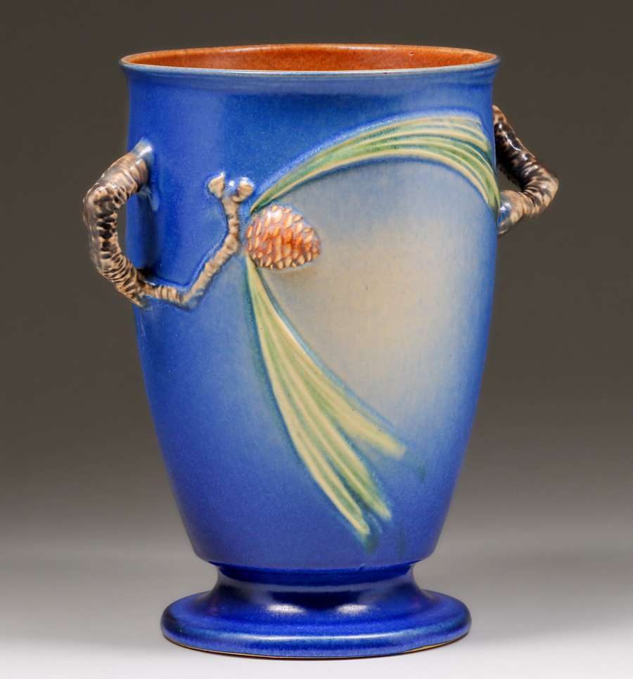 Roseville Blue Pinecone Two-Handled Vase | California Historical Design