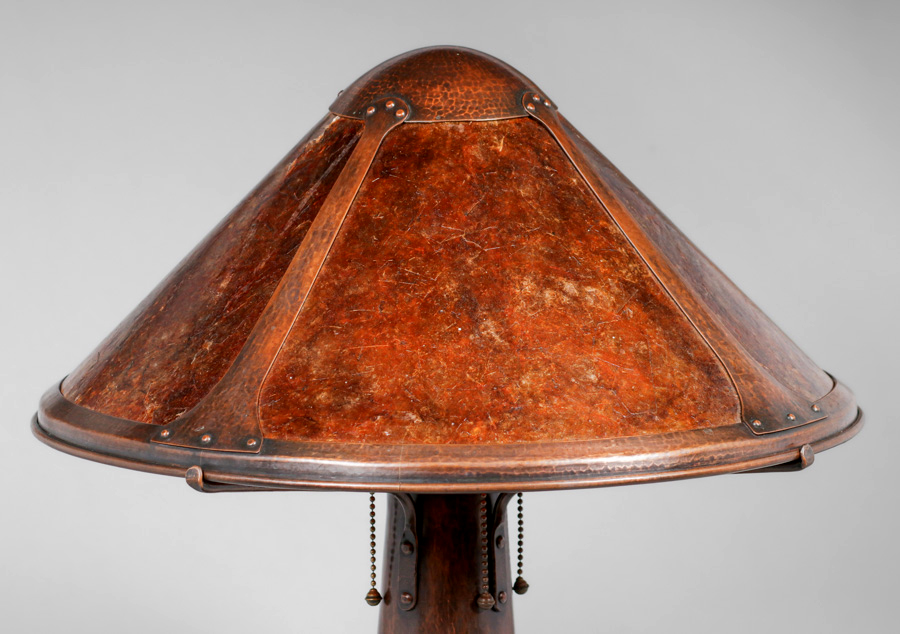 Early Dirk van Erp Hammered Copper & Mica Trumpet Lamp c1911-1912