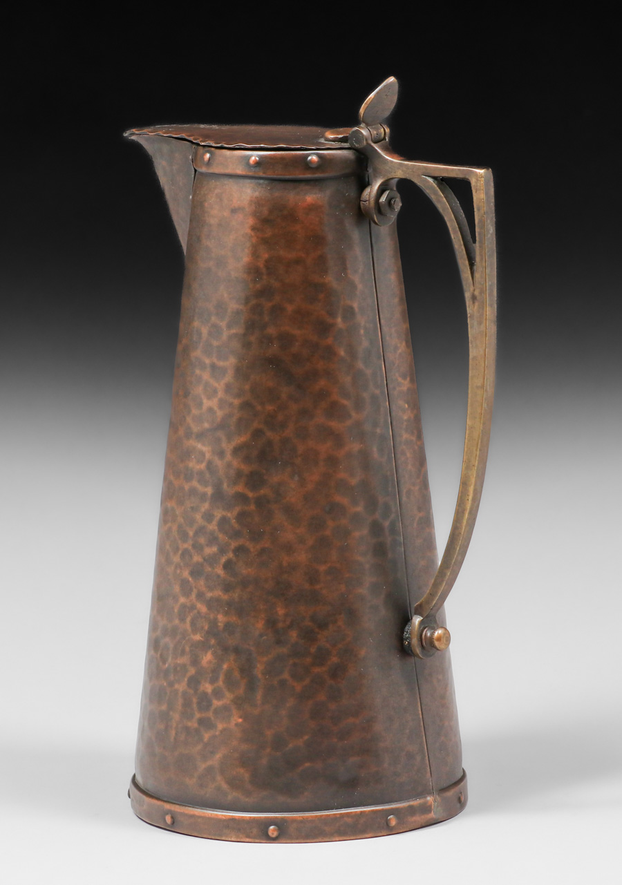 English Arts & Crafts Hammered Copper & Brass Pitcher c1905